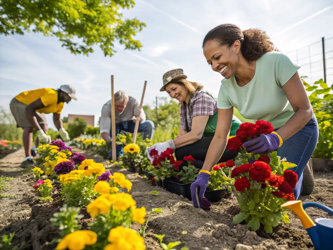 A welcoming photo of volunteers and community members planting flowers and landscaping the château grounds together, smiling and working side by side on a sunny day.