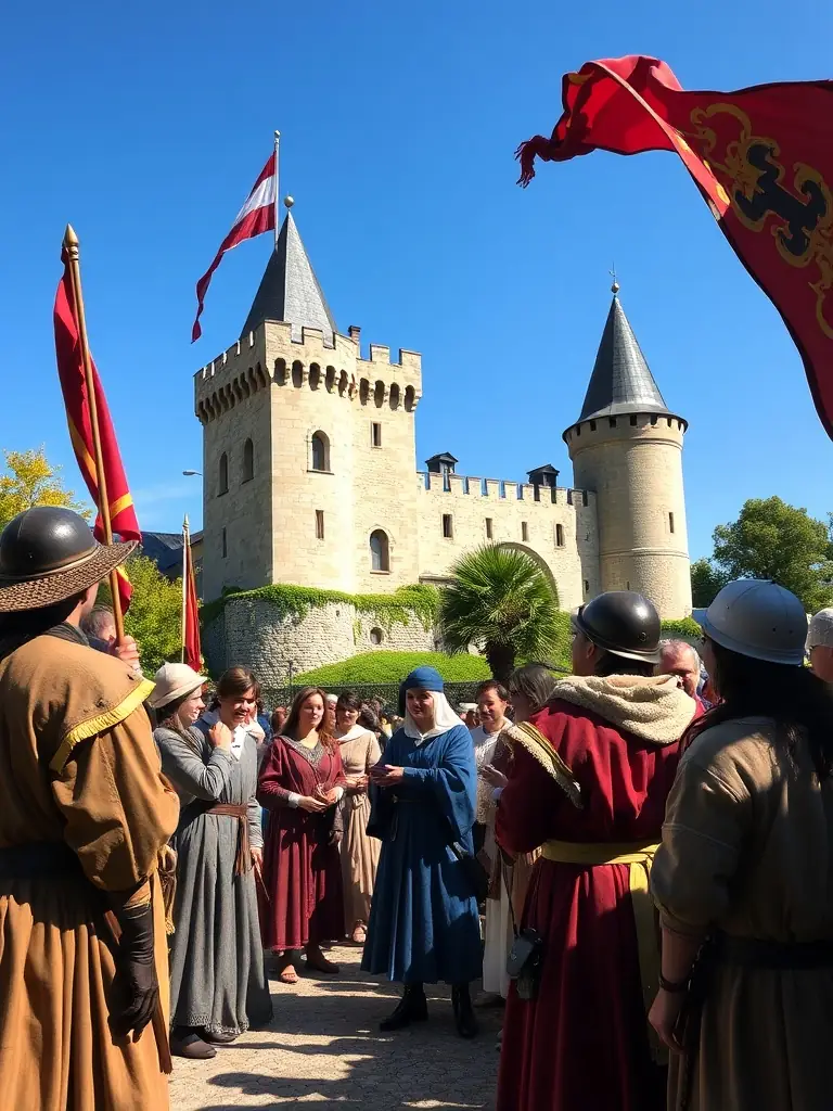 A colorful photo of a summer outdoor theater performance in the Château’s courtyard, with actors in costume and an engaged audience seated on the lawn.