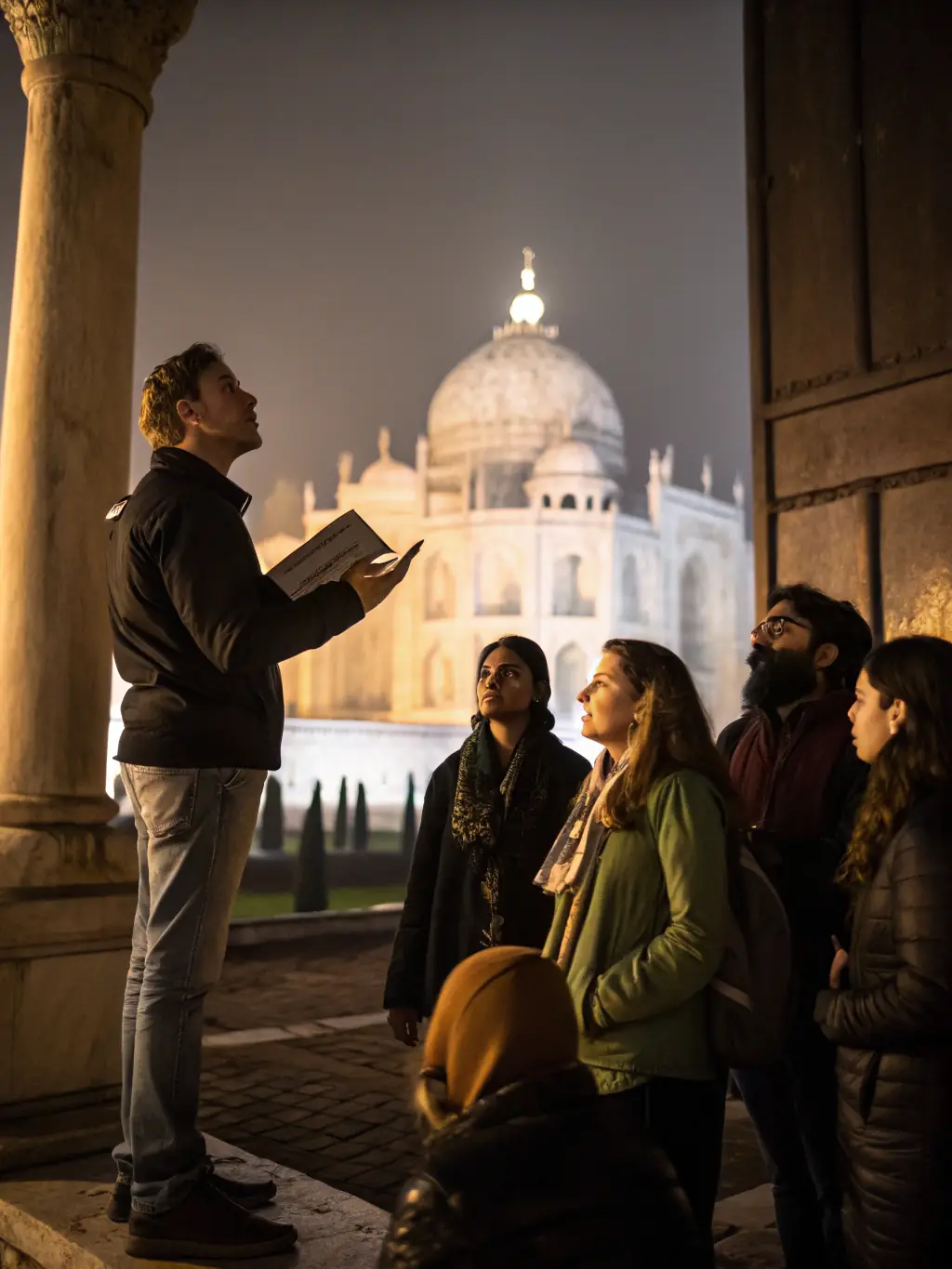 A lively scene of a guided historical tour, with a passionate guide in period costume leading visitors through the Château’s gardens and sharing stories.