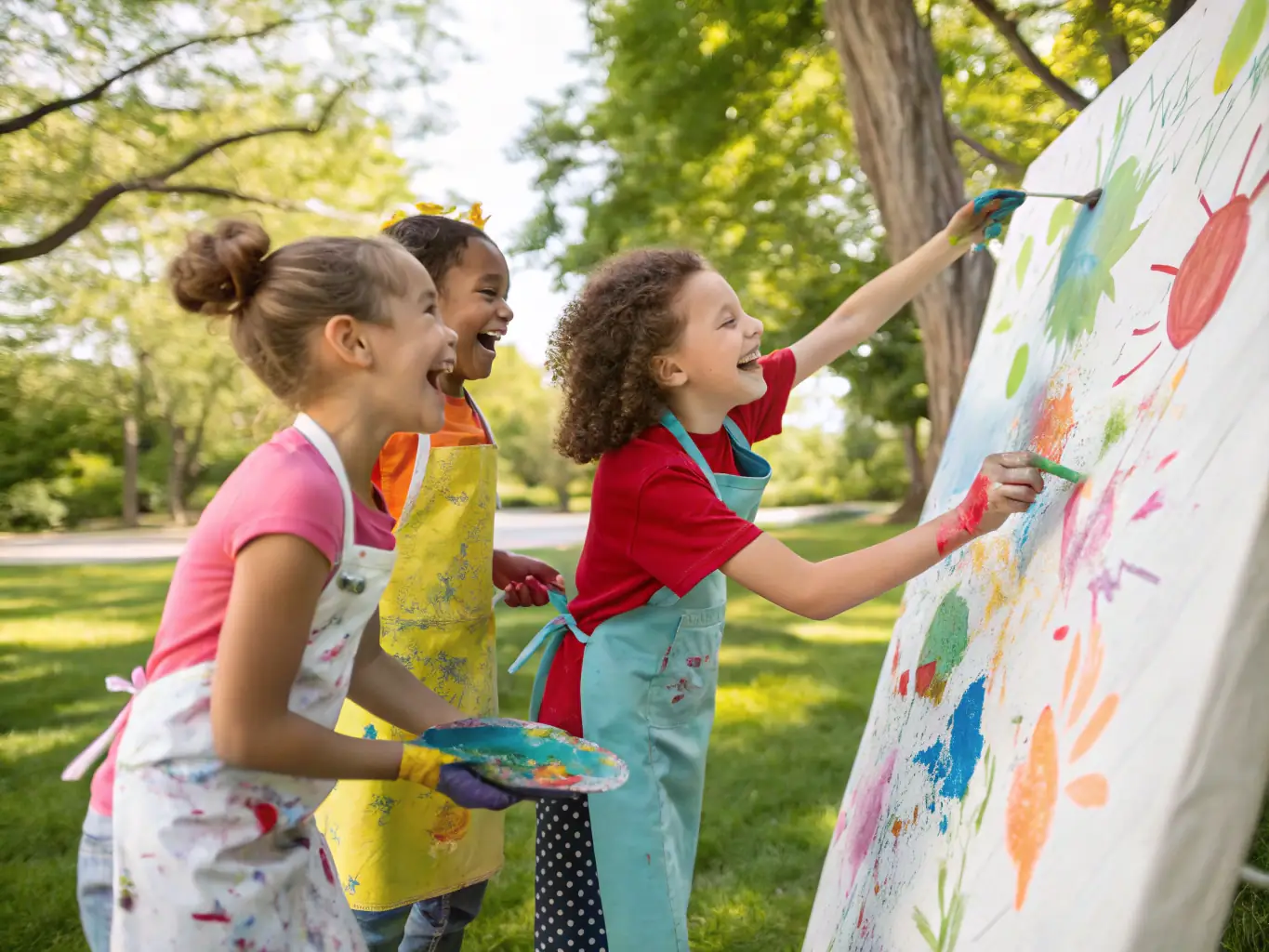 Image d’un atelier artistique pour enfants organisé dans la cour du château, avec des enfants peignant et des adultes les accompagnant, mettant en avant l’accessibilité culturelle et la convivialité.