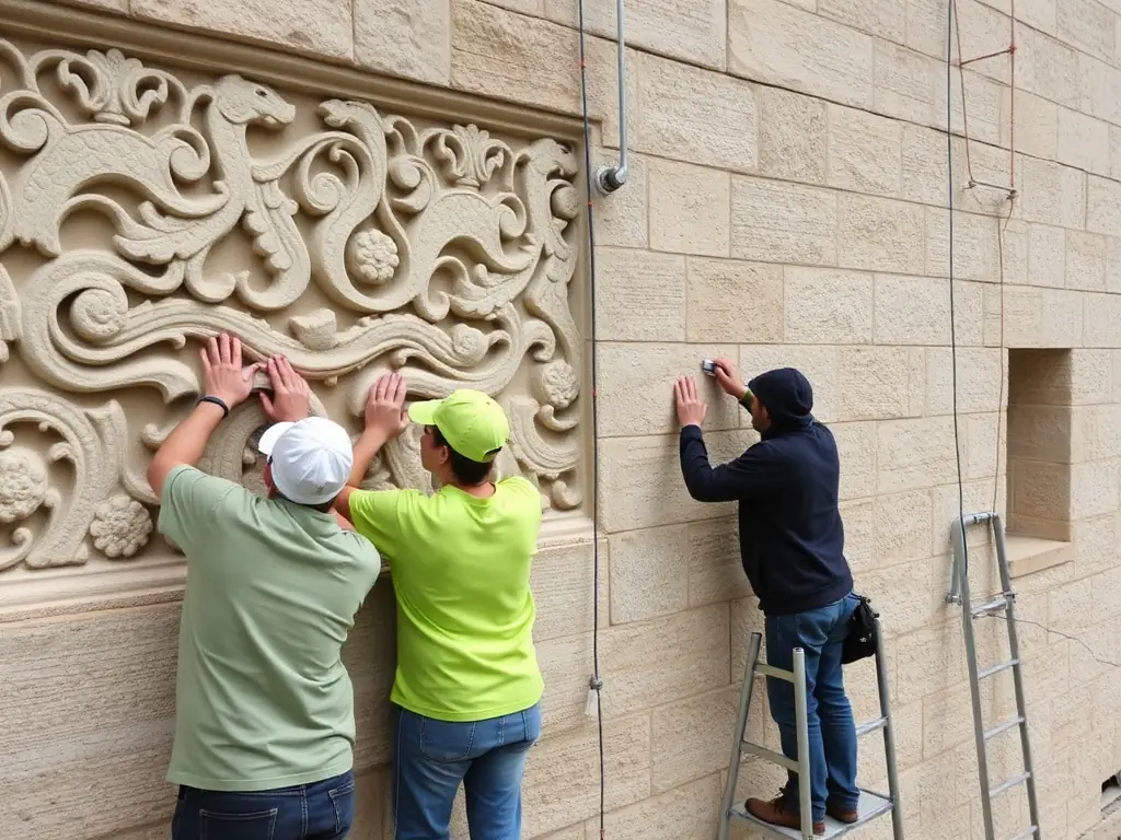 Photographie d’un groupe de bénévoles de tous âges travaillant ensemble à la restauration d’un mur ancien du Château de La Brosse, sous un ciel bleu, illustrant l’engagement communautaire et la préservation du patrimoine.