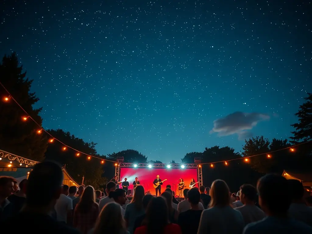 A lively image of a summer open-air concert in the château’s courtyard, with musicians performing on a small stage, audience members seated on the grass, and colorful banners celebrating local culture.