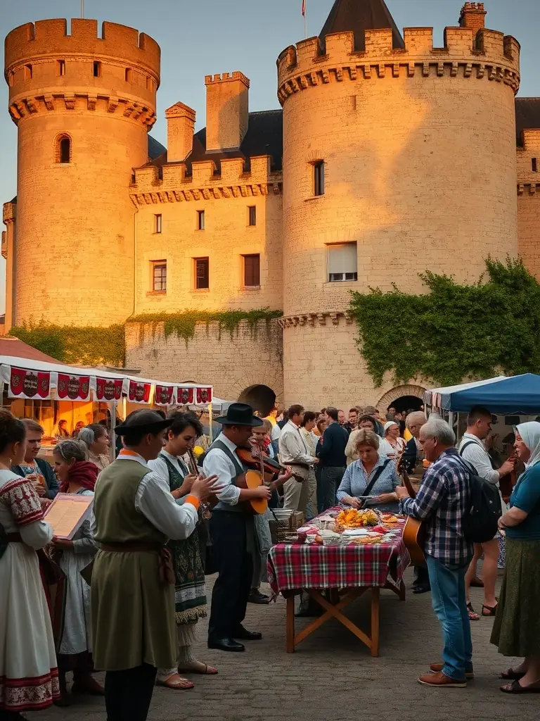 A vibrant photo of local children and families participating in a traditional music workshop inside the Château’s grand hall, with period instruments and joyful expressions.