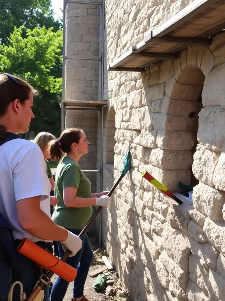 A detailed image of volunteers and artisans carefully restoring a stone wall of the Château, with scaffolding, tools, and visible architectural features.