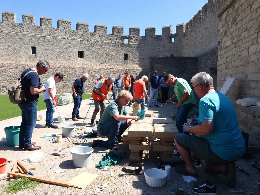 A vibrant photo of children and adults participating in a heritage restoration workshop, painting and repairing stone walls of the Château de La Brosse under the supervision of skilled artisans, with the castle in the background.